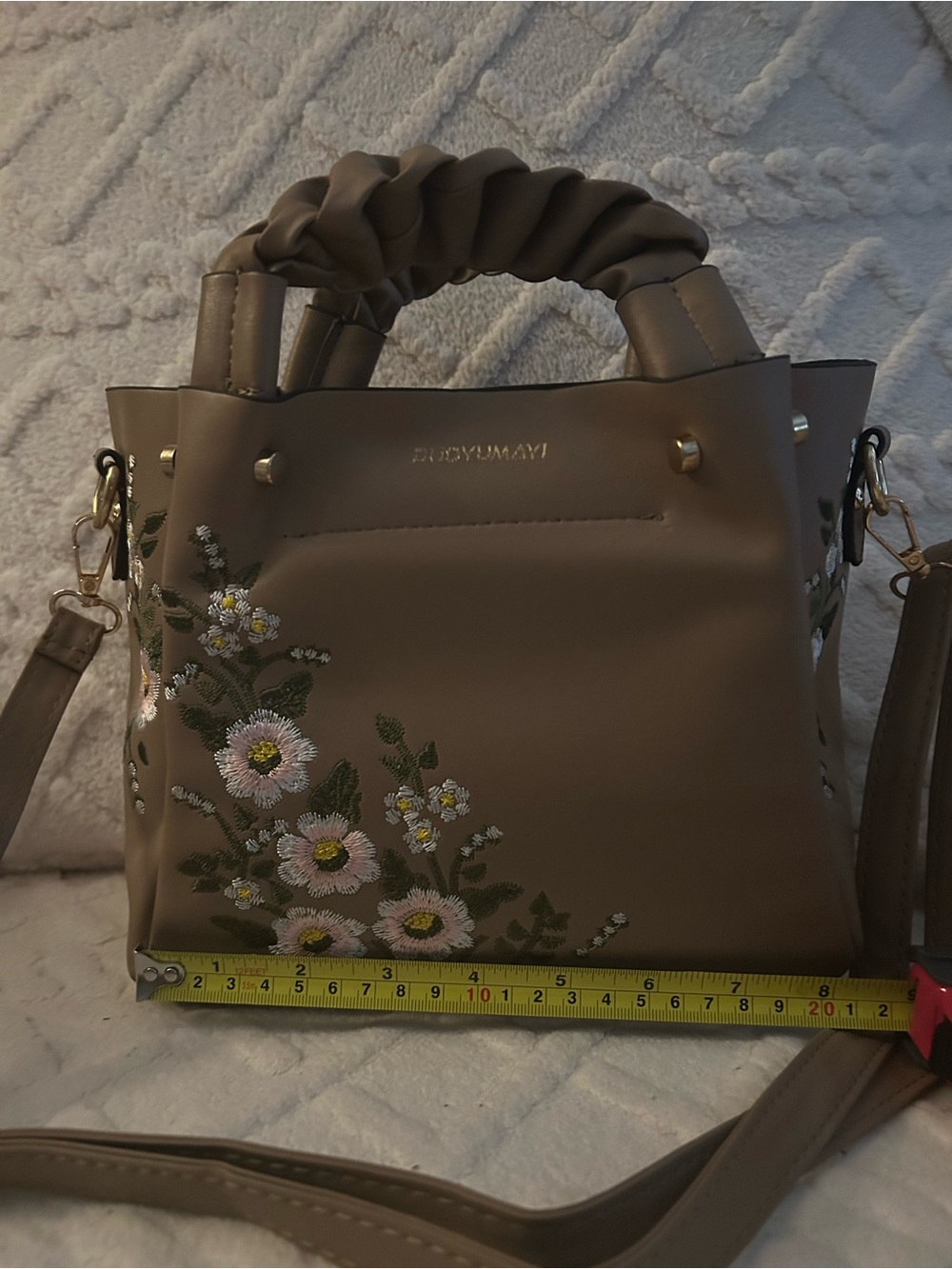 Embroidered Taupe Mini Handbag with Ruched Handle